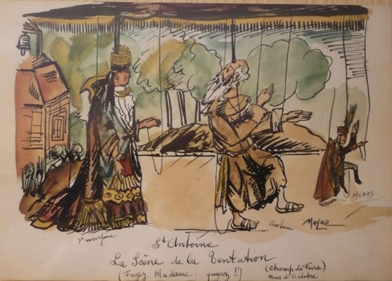 Théâtre de marionnettes Saint Antoine de la famille Guérin, scene de la tentation dessinée par Malap, caricaturiste Bordelais debut XX°s.